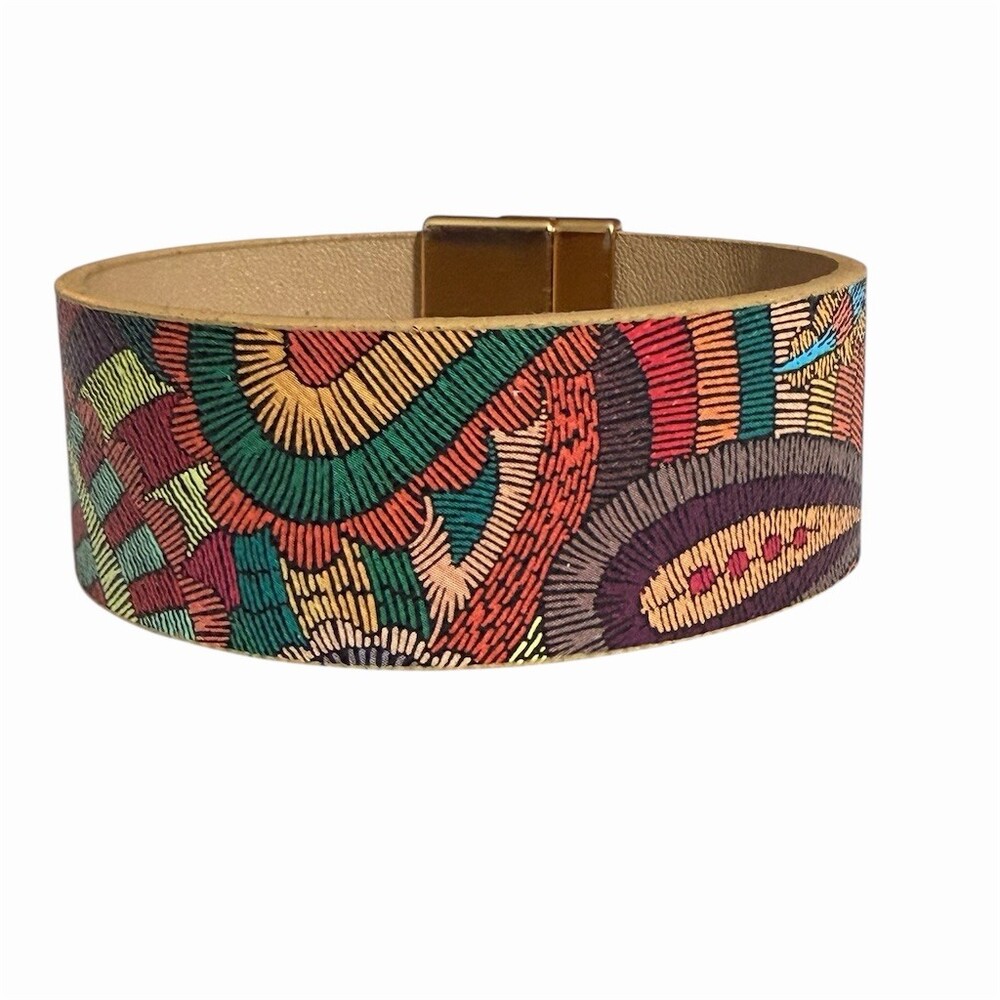 Wide Multicolor Abstract Pattern Cuff Bracelet Gold-Tone Magnetic Clasp